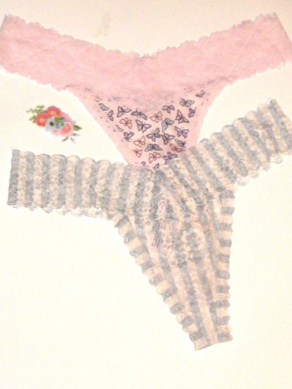 Set of 2 Victoria's Secret Floral Striped Lace & Butterfly Thong Panties  Medium